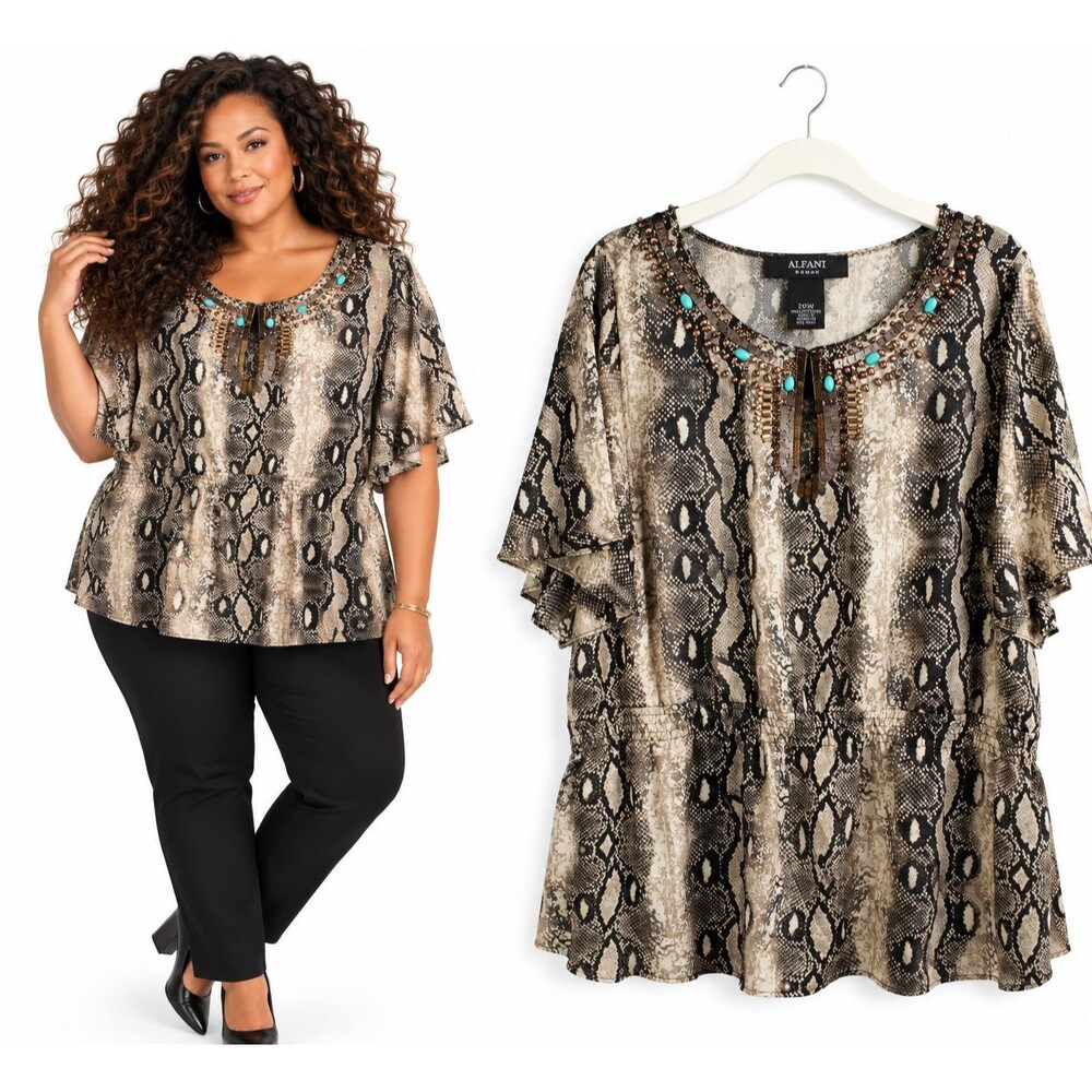 Alfani Woman Tunic Top Size 20W Snake Print Embellished Beaded Turquoise Boho